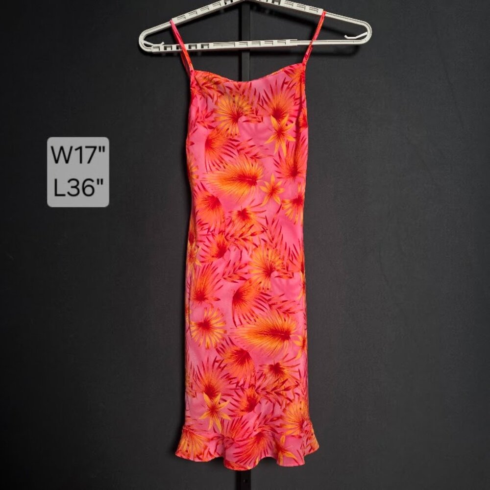 California Concepts Dress M/L Tropical Mesh Pink Orange Palm Ruffle Slip Y2K 90s